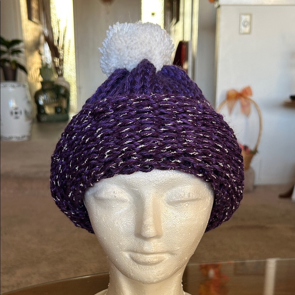 Purple and White Knit Beanie